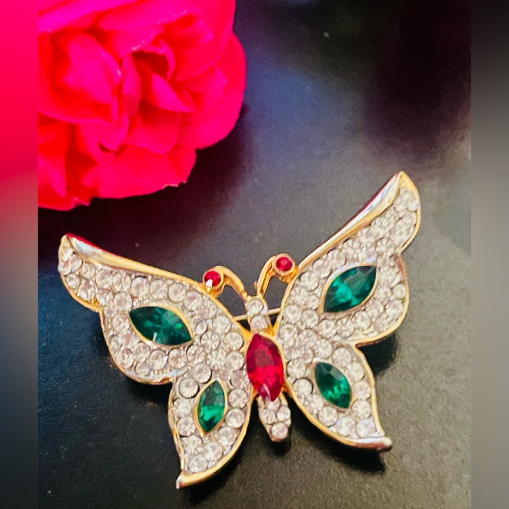 Vintage Gold Butterfly Brooch with Green and Red Accents